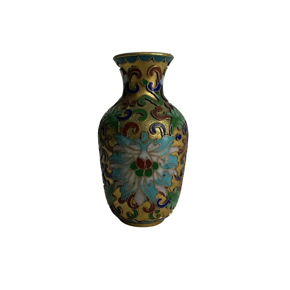 Chinese Cloisonne Enamel Gilded Small Decorative Floral Vase 3 Inch